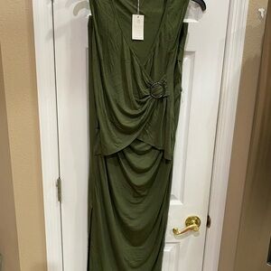 Sleeveless Olive Green Draped Maxi Dress with Buckle Detail